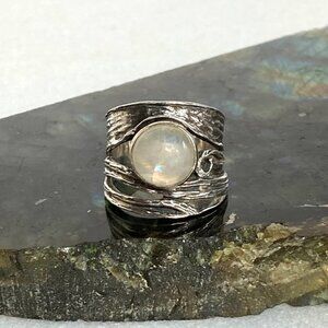 Sterling Silver 925 YS India Modernist Moonstone Wide Band Ring Sz 7.5-7.75